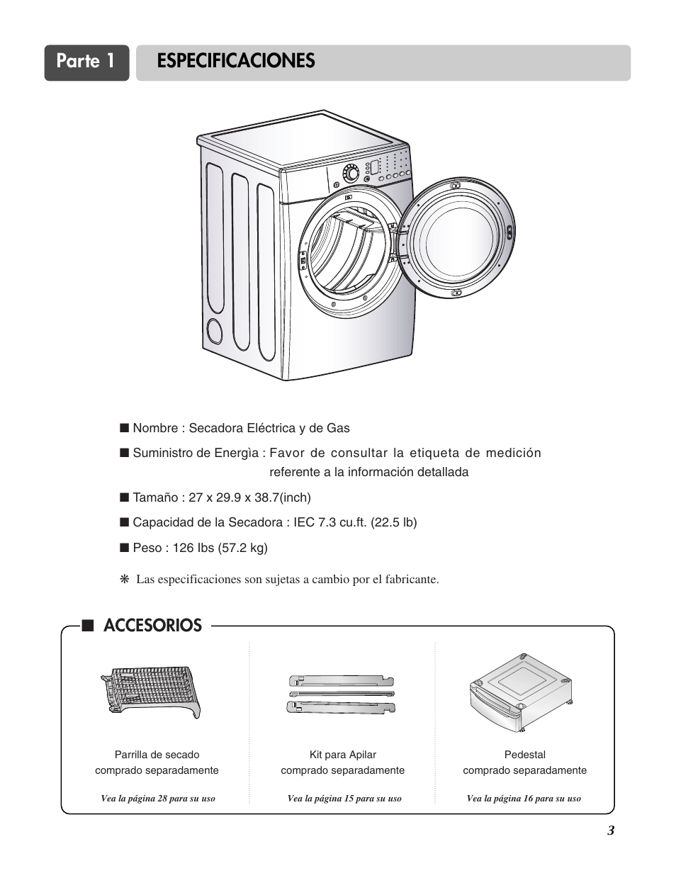 Parte 1 especificaciones, Accesorios | LG D3744W User Manual | Page 39 / 72