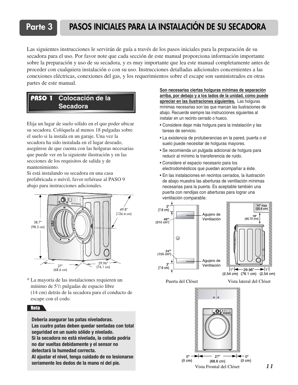 Paso 1 colocación de la secadora | LG D3744W User Manual | Page 47 / 72