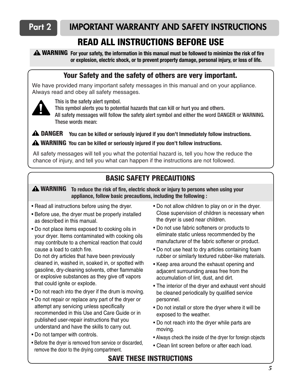 Read all instructions before use, Part 2 important warranty and safety instructions | LG D3744W User Manual | Page 5 / 72