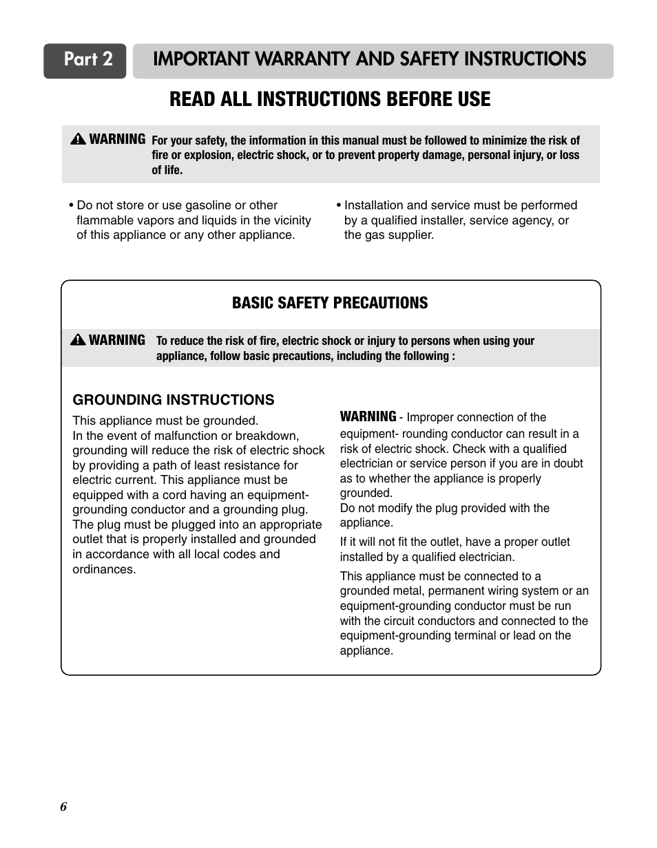 Read all instructions before use, Part 2 important warranty and safety instructions, Basic safety precautions | LG D3744W User Manual | Page 6 / 72