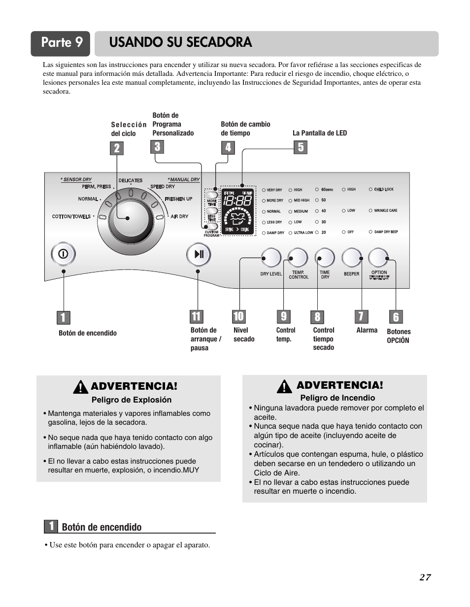 Parte 9 usando su secadora, Advertencia, 11 botón de encendido | LG D3744W User Manual | Page 63 / 72