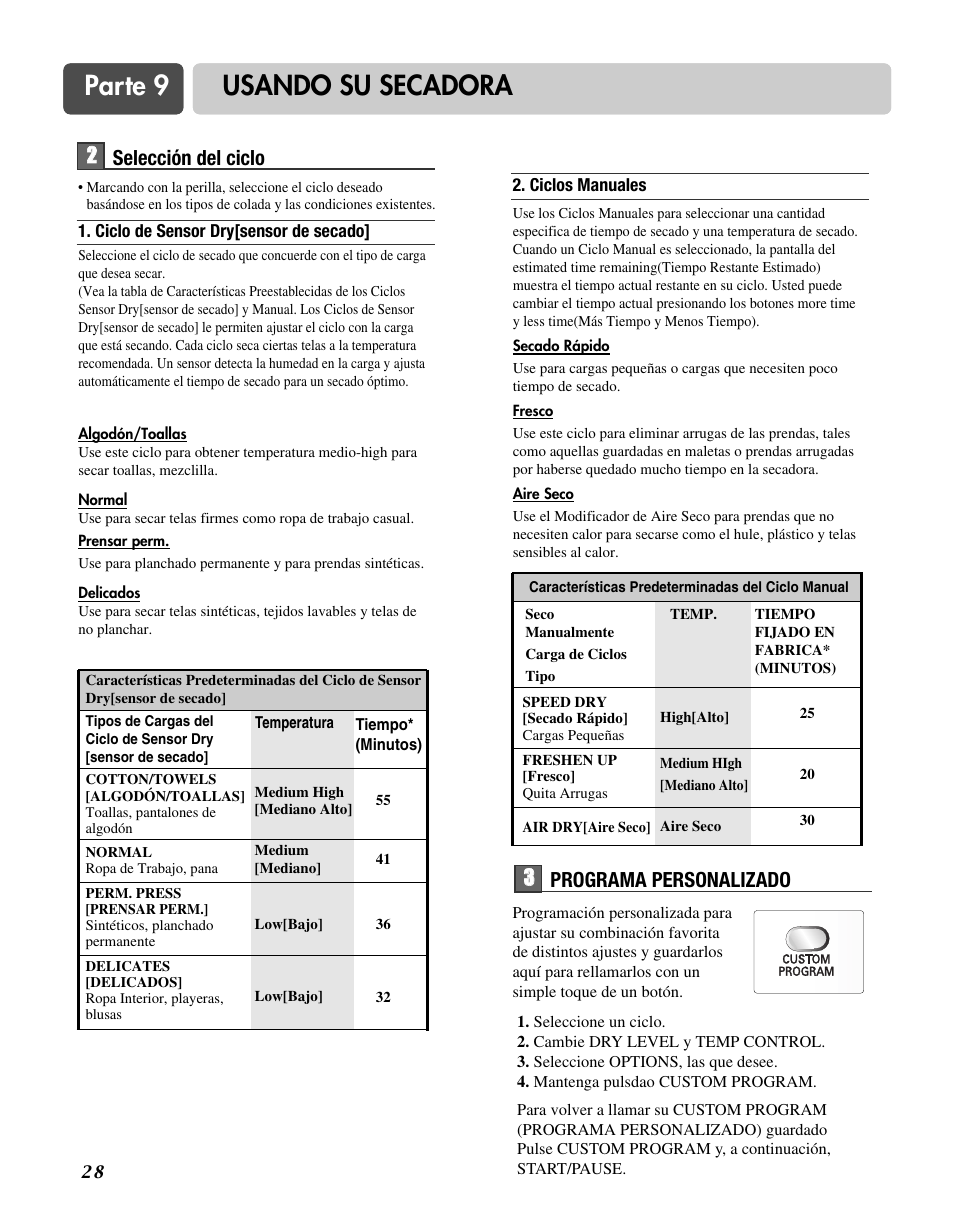 Parte 9 usando su secadora, 2selección del ciclo, 3programa personalizado | LG D3744W User Manual | Page 64 / 72