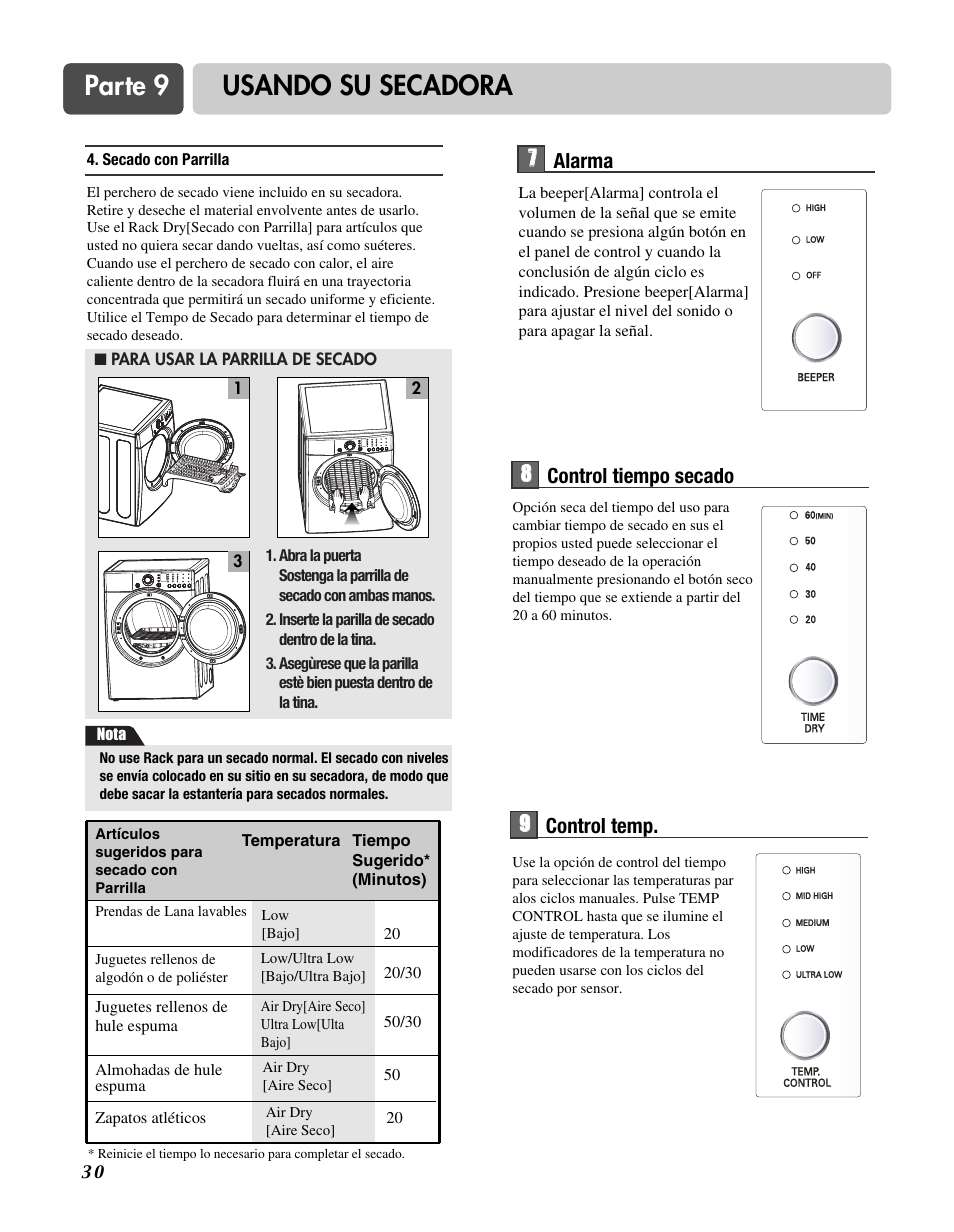 Parte 9 usando su secadora, 77 alarma, 8control tiempo secado 9 9 control temp | LG D3744W User Manual | Page 66 / 72