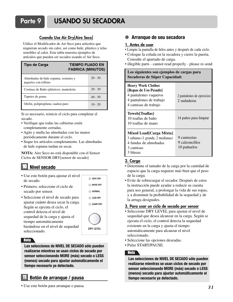 Parte 9 usando su secadora, Arranque de seu secadora, 110 0 nivel secado | 1111 botón de arranque / pausa | LG D3744W User Manual | Page 67 / 72