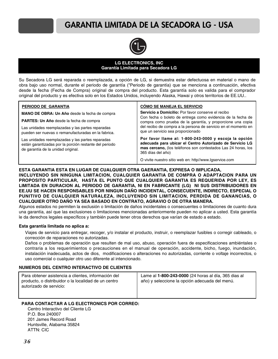 Garantia limitada de la secadora lg - usa | LG D3744W User Manual | Page 72 / 72