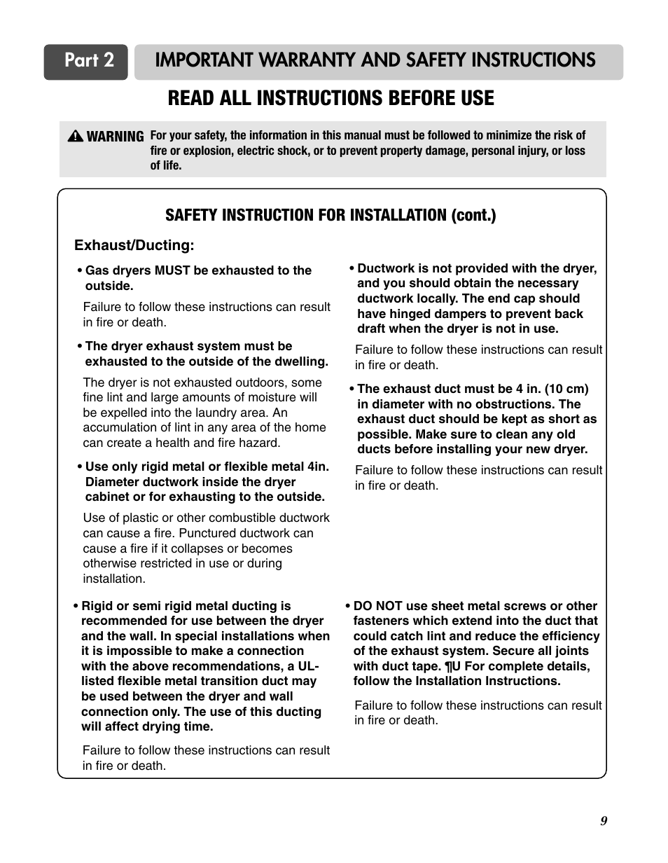 Read all instructions before use, Part 2 important warranty and safety instructions, Safety instruction for installation (cont.) | LG D3744W User Manual | Page 9 / 72