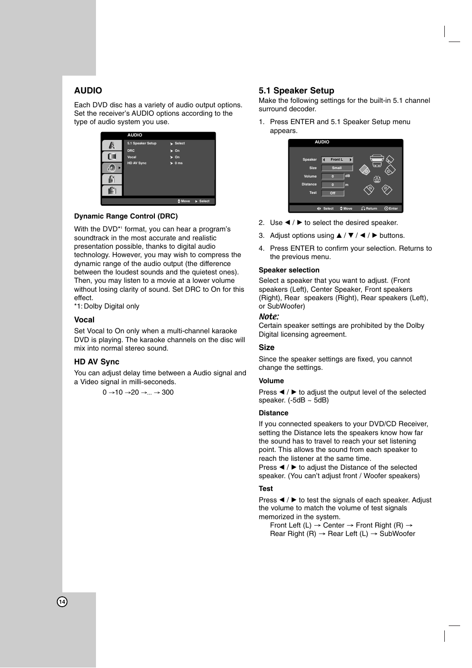 Audio, 1 speaker setup, Vocal | Hd av sync, Size | LG LH-T755 User Manual | Page 14 / 29