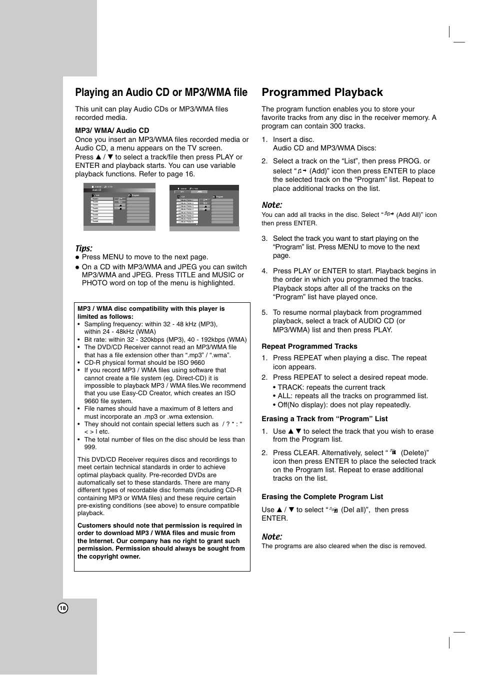 Playing an audio cd or mp3/wma file, Programmed playback | LG LH-T755 User Manual | Page 18 / 29