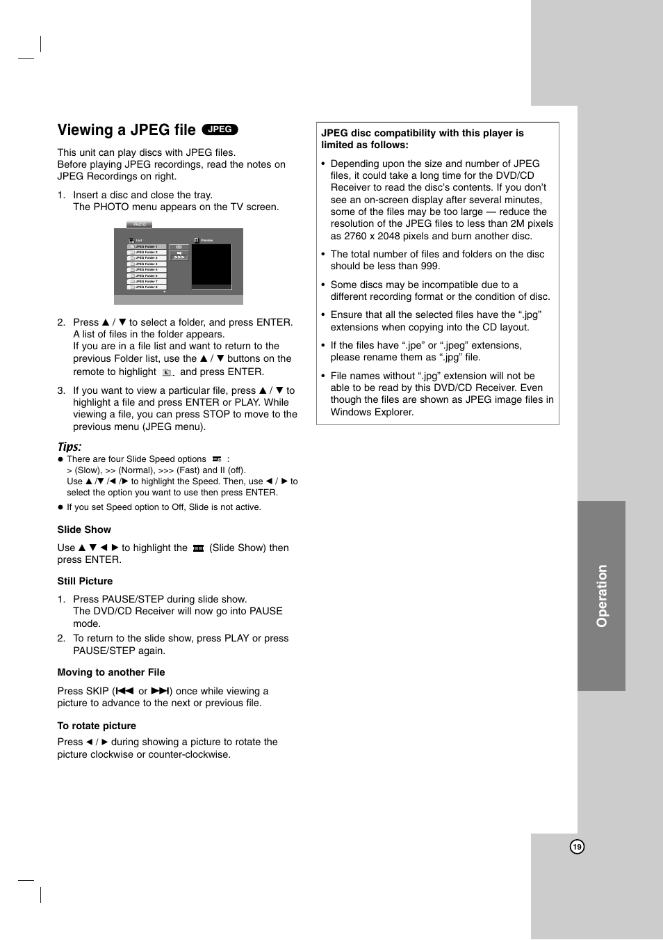 Viewing a jpeg file, Operation | LG LH-T755 User Manual | Page 19 / 29