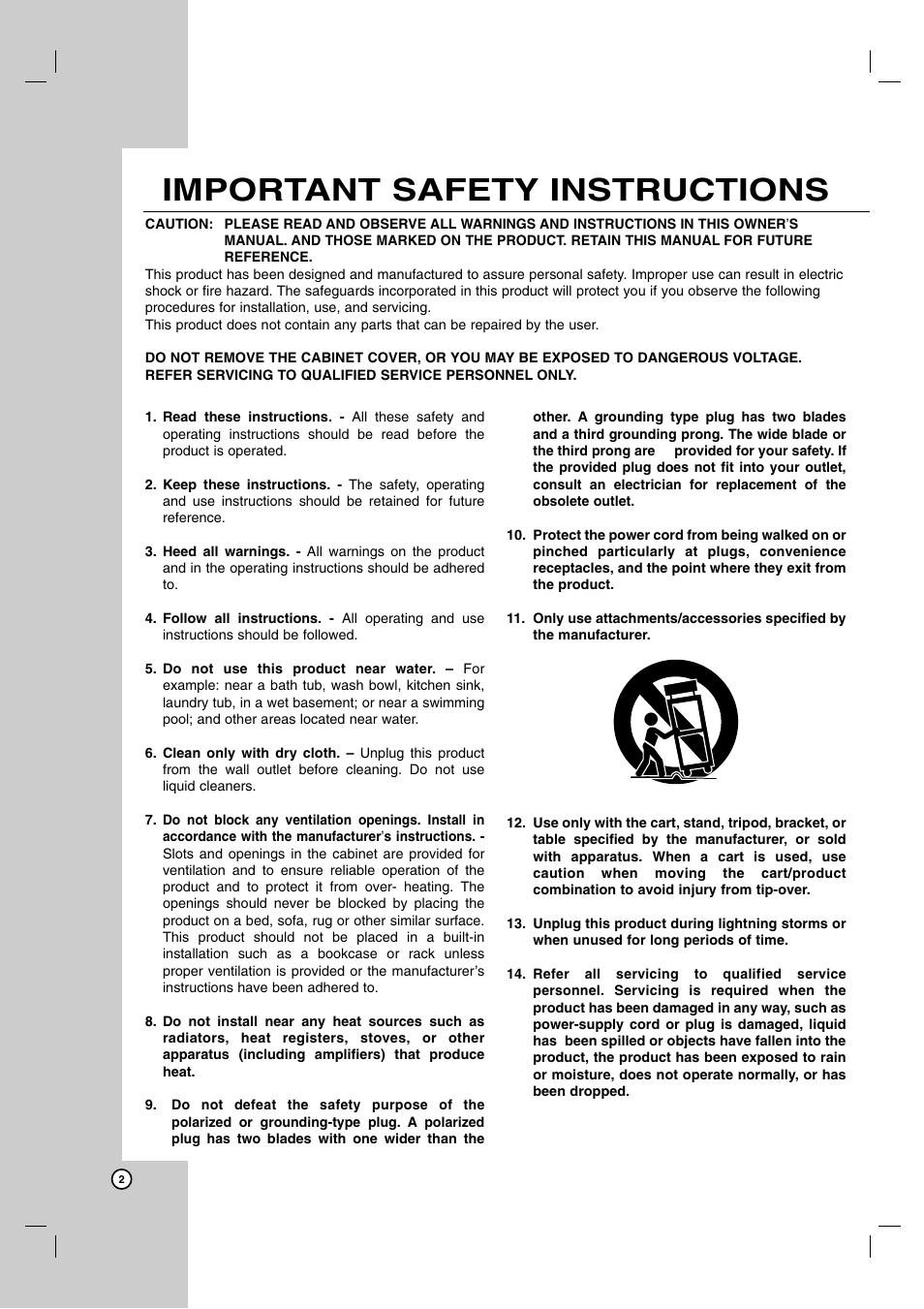 Important safety instructions | LG LH-T755 User Manual | Page 2 / 29