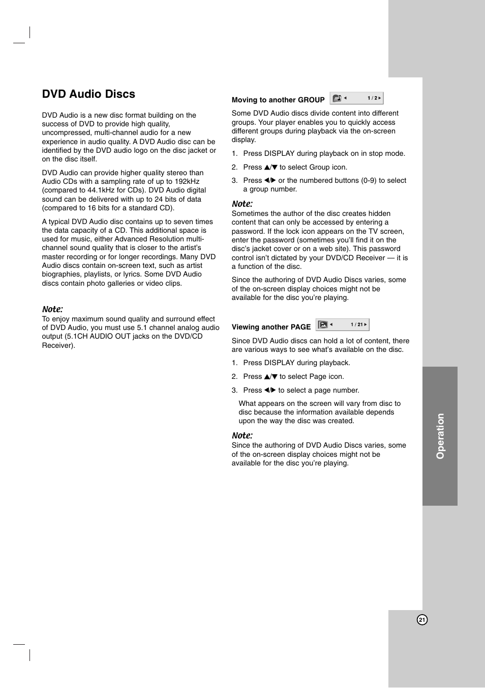 Dvd audio discs, Operation | LG LH-T755 User Manual | Page 21 / 29