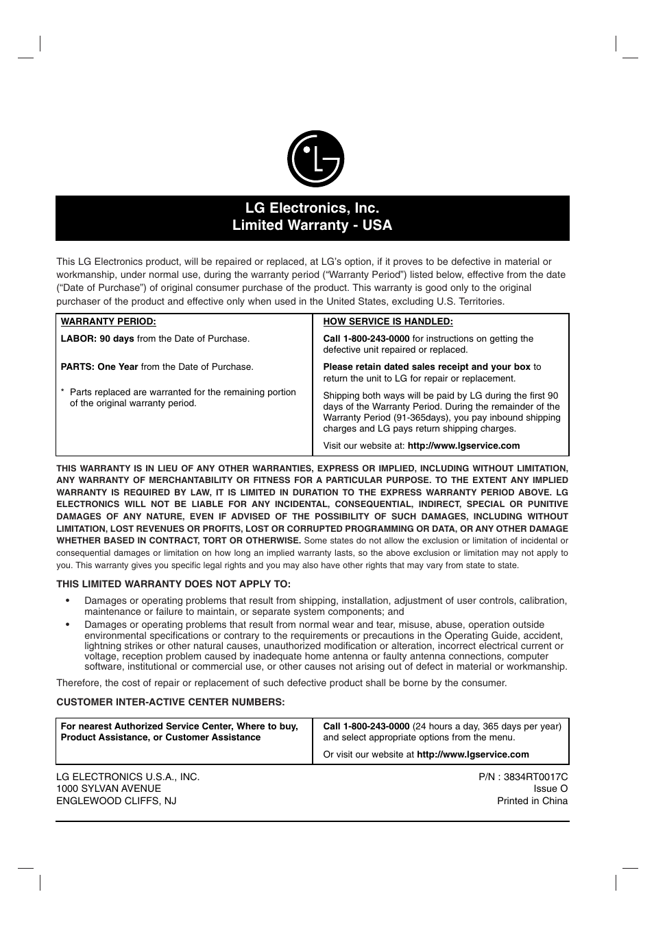 Lg electronics, inc. limited warranty - usa | LG LH-T755 User Manual | Page 29 / 29