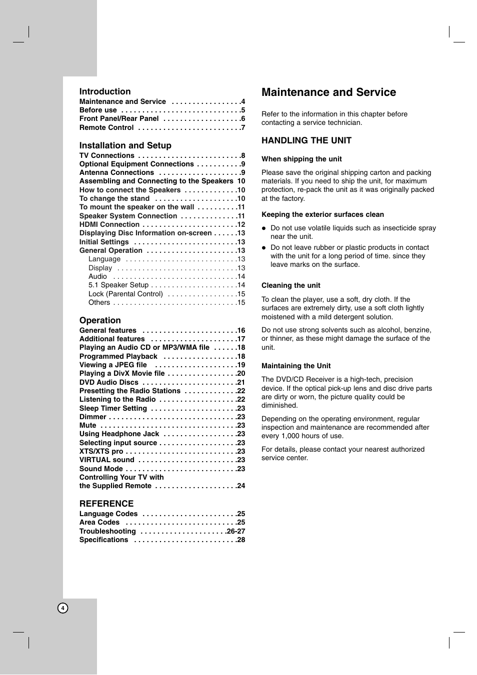 Maintenance and service | LG LH-T755 User Manual | Page 4 / 29
