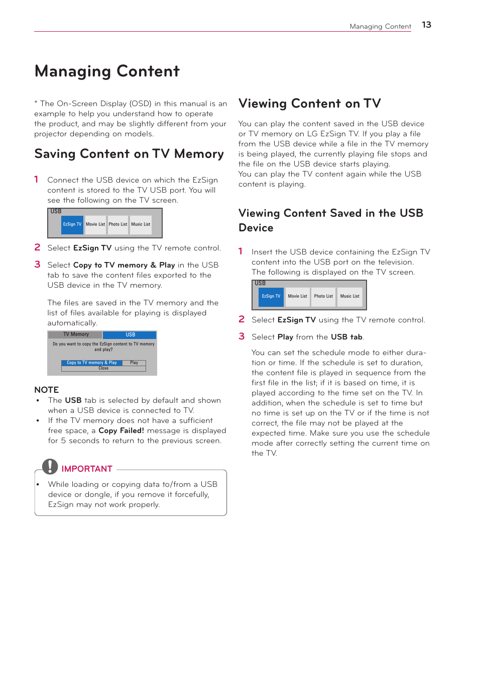 Managing content, Saving content on tv memory, Viewing content on tv | Viewing content saved in the usb device, 13 managing content, ꔈviewing content on tv | LG 2 User Manual | Page 13 / 17