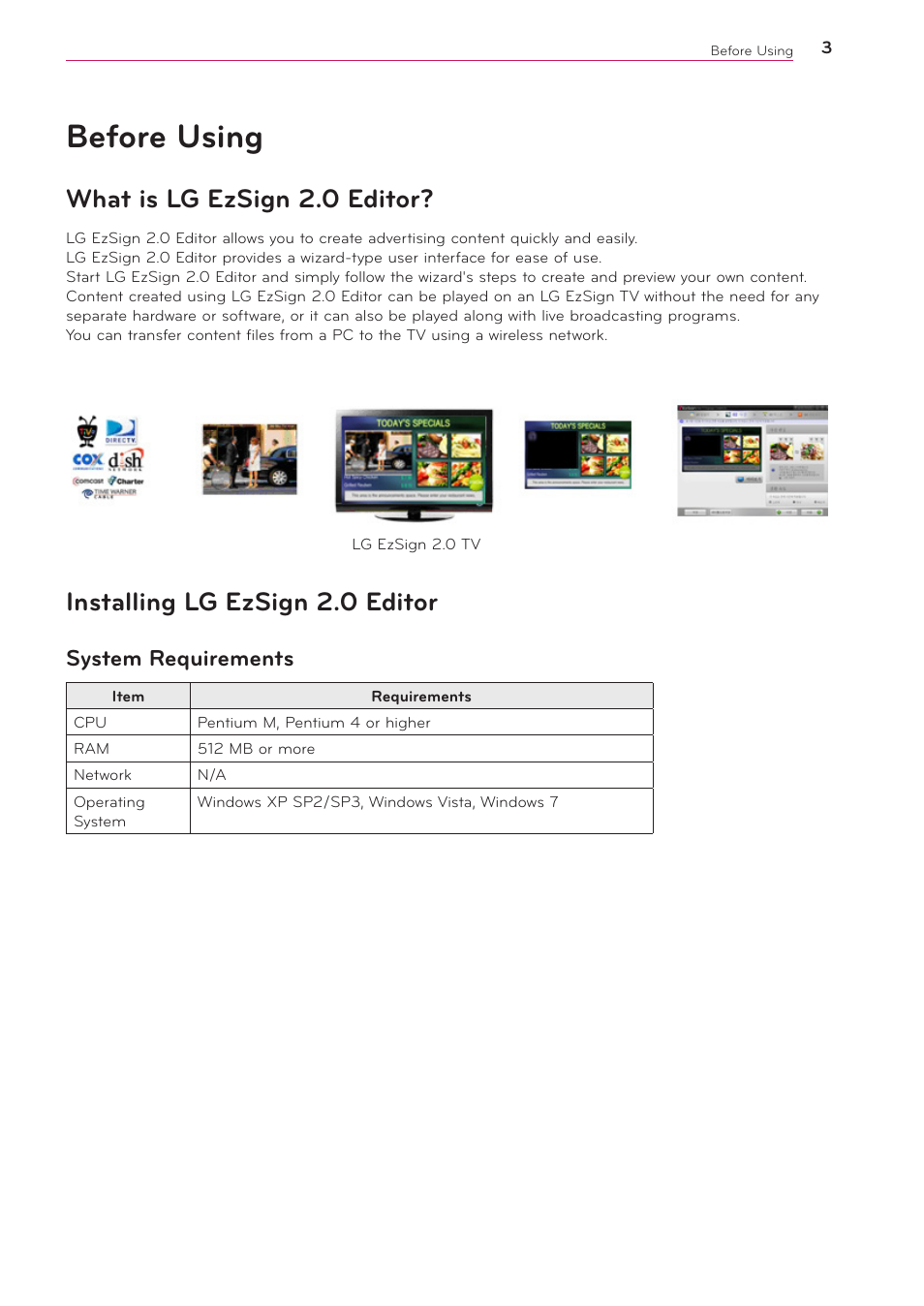 Before using, What is lg ezsign 2.0 editor, Installing lg ezsign 2.0 editor | System requirements, 3 before using | LG 2 User Manual | Page 3 / 17