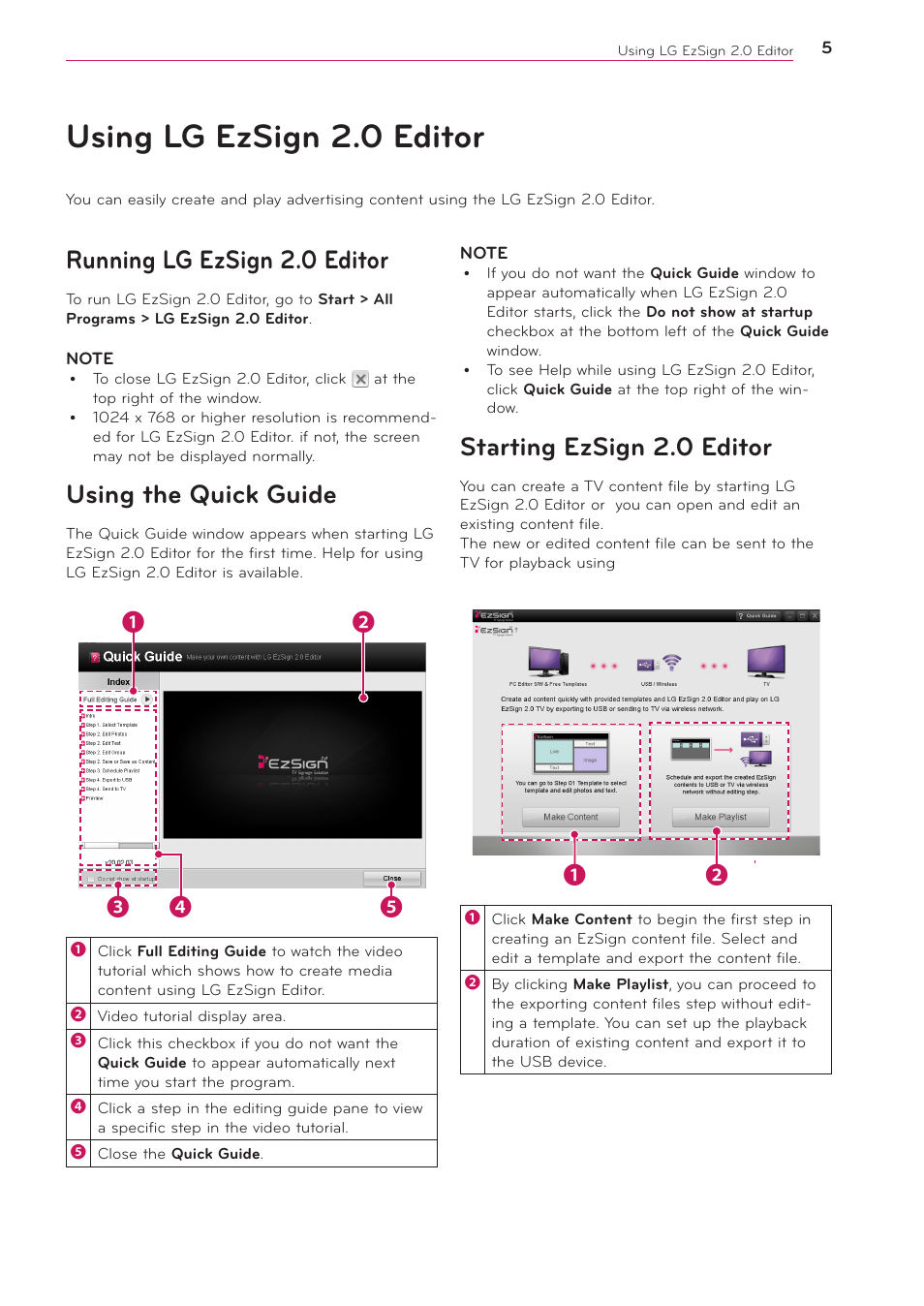 Using lg ezsign 2.0 editor, Running lg ezsign 2.0 editor, Using the quick guide | Starting ezsign 2.0 editor, 5 using lg ezsign 2.0 editor | LG 2 User Manual | Page 5 / 17