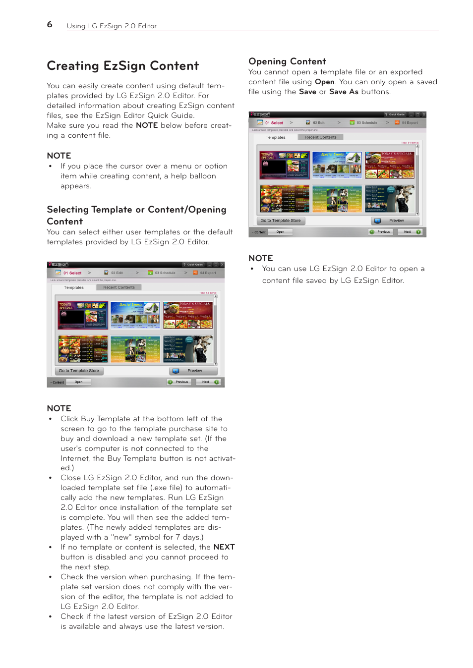 Creating ezsign content, Selecting template or content/opening content, Opening content | LG 2 User Manual | Page 6 / 17