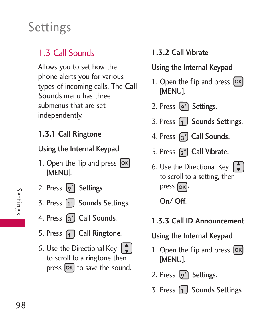 Settings, 3 call sounds | LG ELLIPSE 9250  ES User Manual | Page 100 / 351