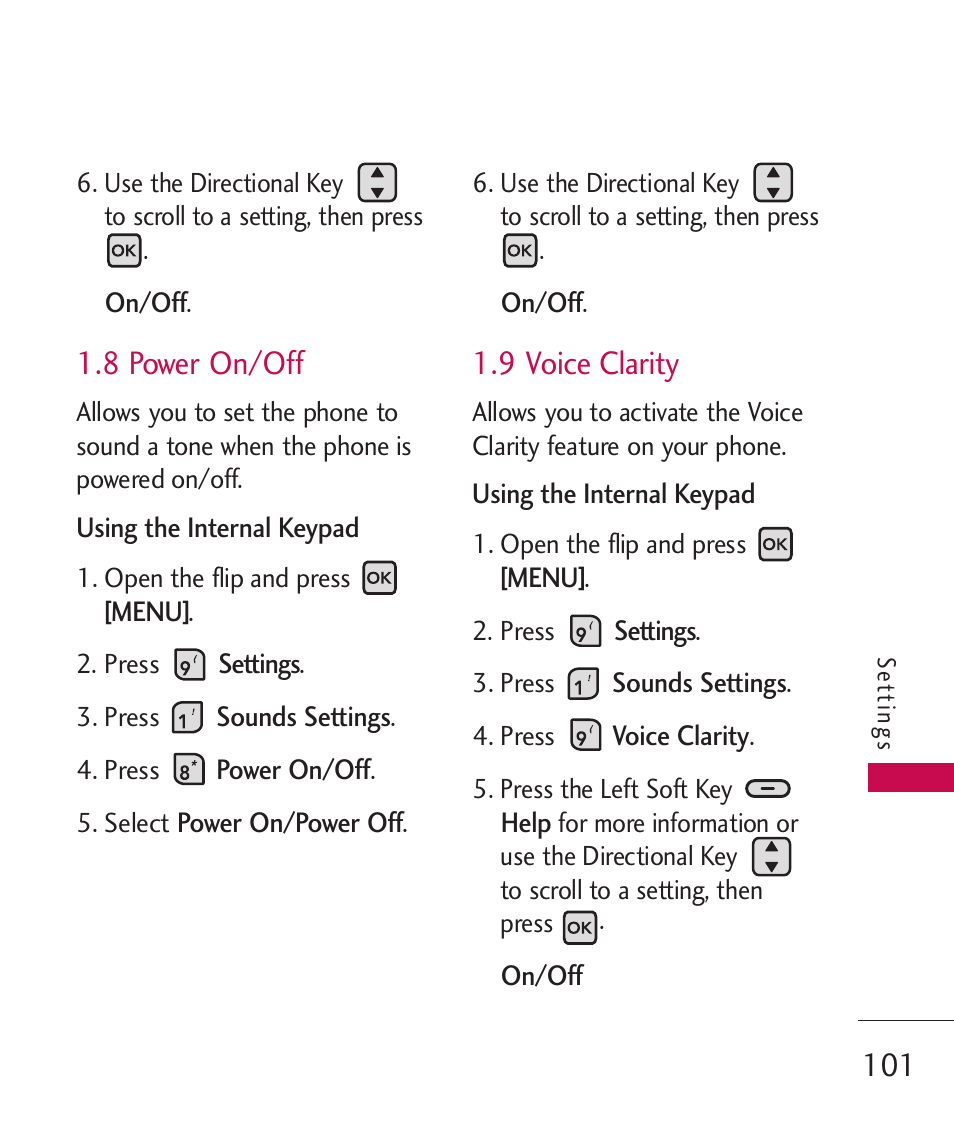 8 power on/off, 9 voice clarity | LG ELLIPSE 9250  ES User Manual | Page 103 / 351