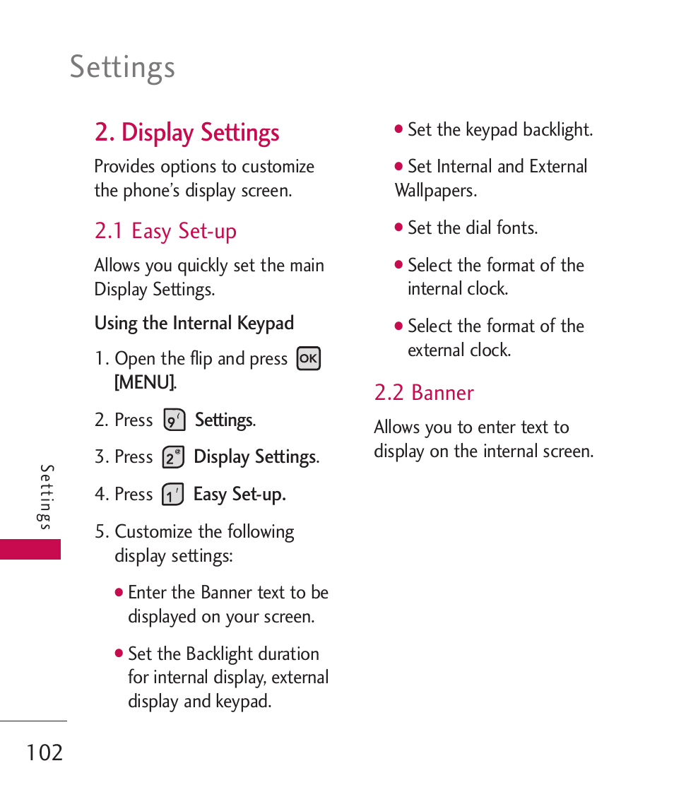 Settings, Display settings, 1 easy set-up | 2 banner | LG ELLIPSE 9250  ES User Manual | Page 104 / 351