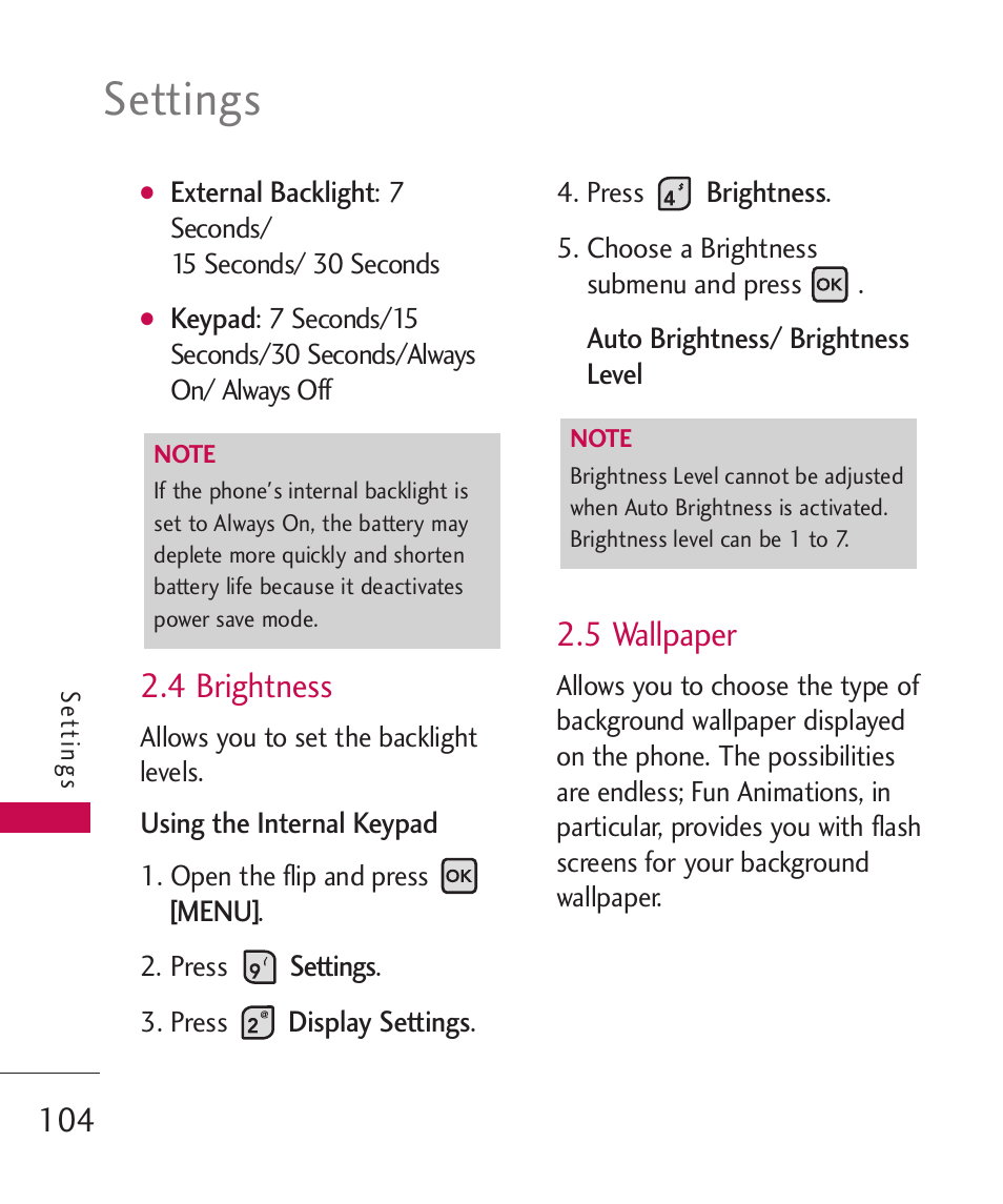 Settings, 4 brightness, 5 wallpaper | LG ELLIPSE 9250  ES User Manual | Page 106 / 351