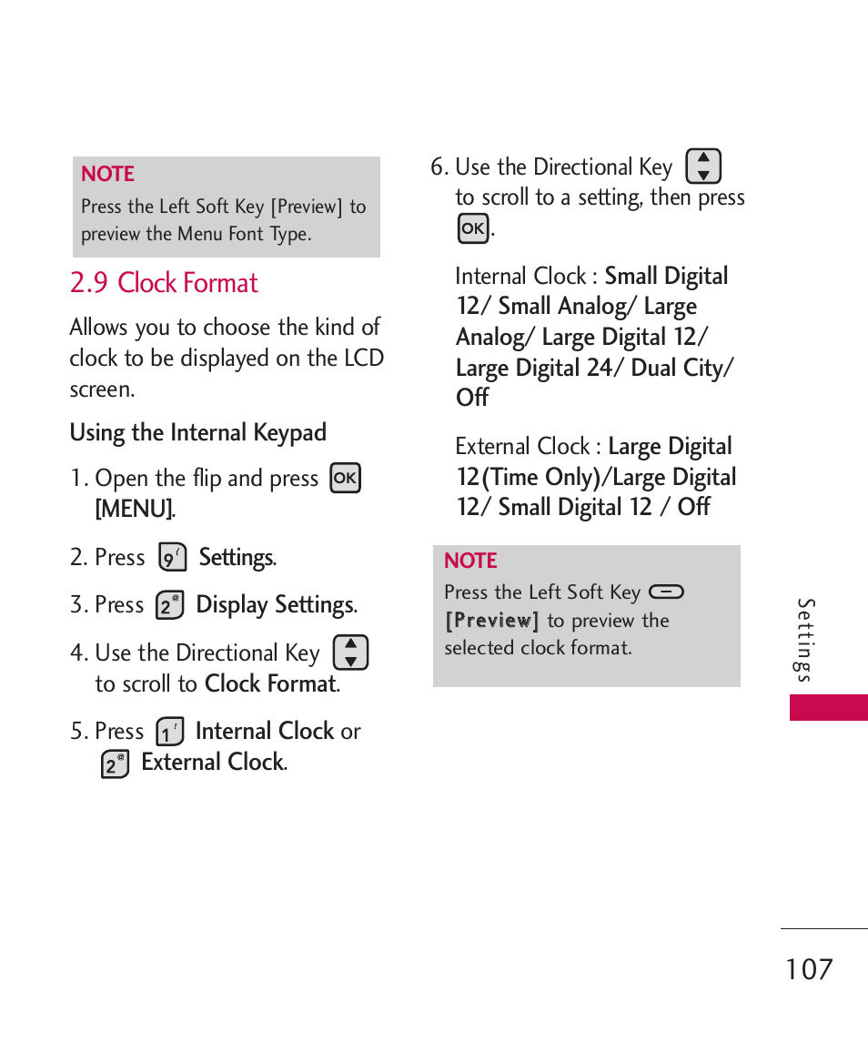 9 clock format | LG ELLIPSE 9250  ES User Manual | Page 109 / 351