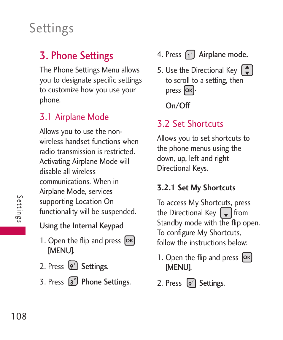 Settings, Phone settings, 1 airplane mode | 2 set shortcuts | LG ELLIPSE 9250  ES User Manual | Page 110 / 351