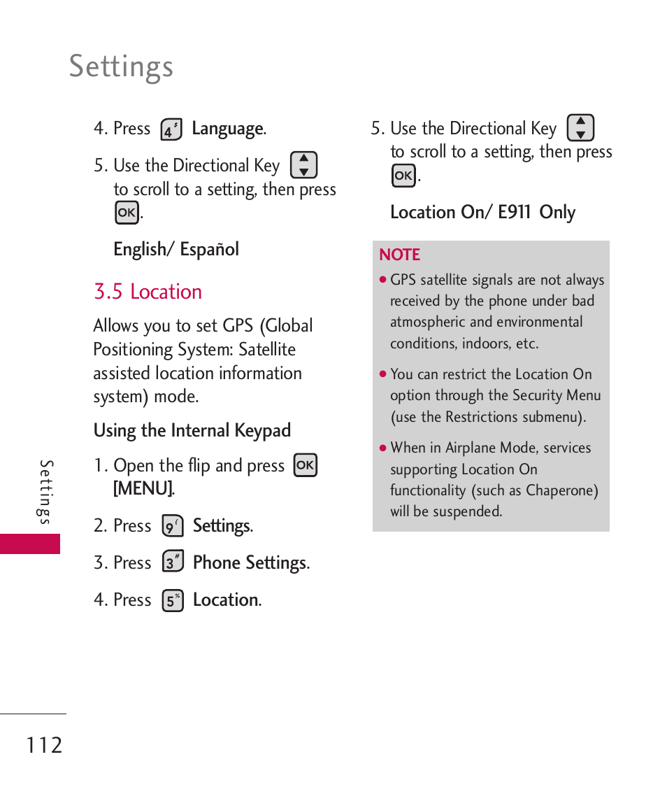 Settings, 5 location | LG ELLIPSE 9250  ES User Manual | Page 114 / 351