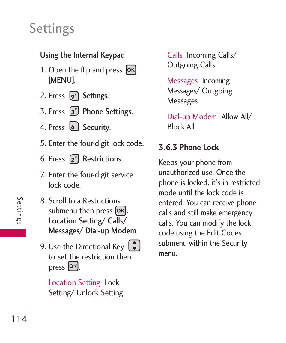 Settings | LG ELLIPSE 9250  ES User Manual | Page 116 / 351