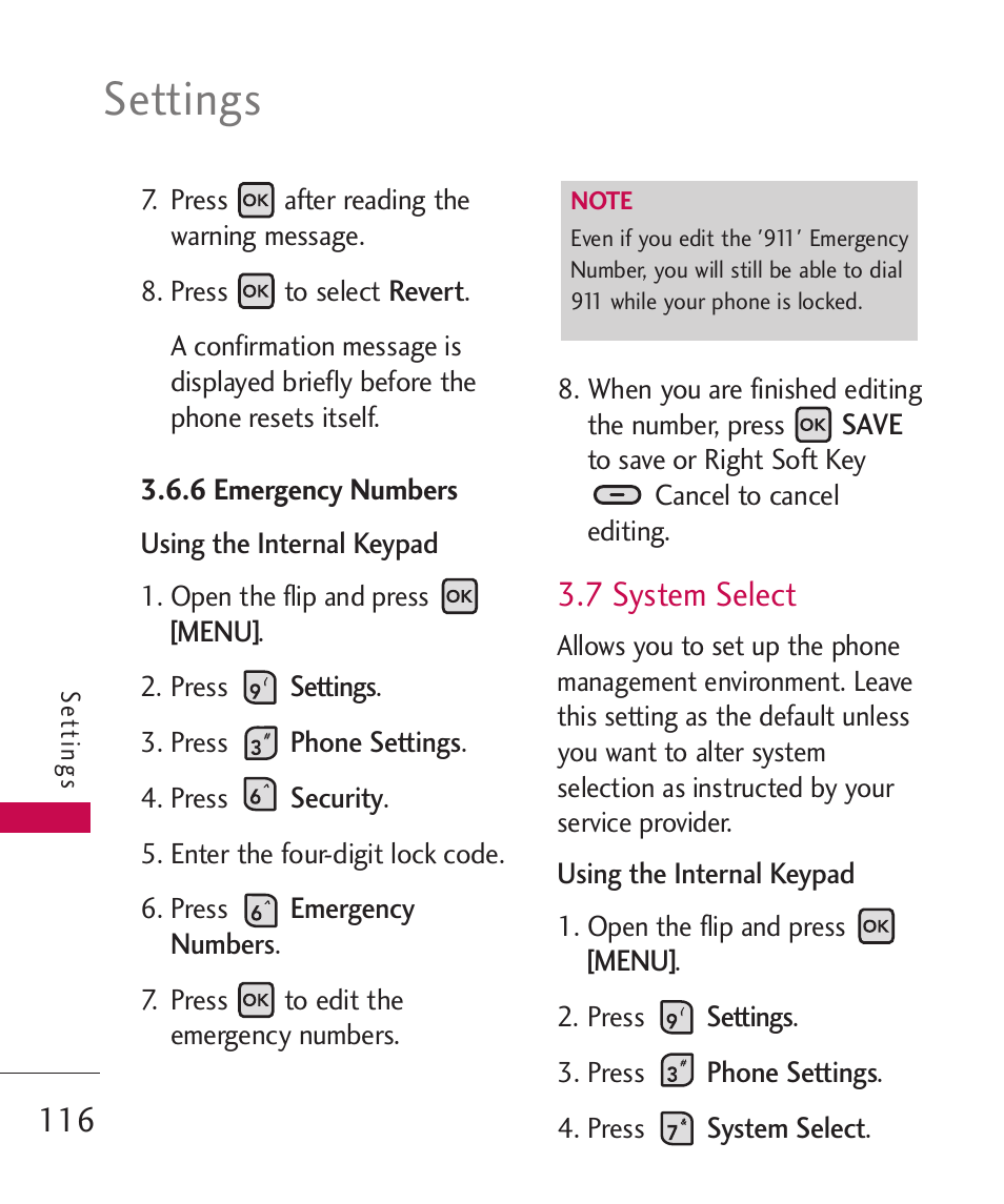 Settings, 7 system select | LG ELLIPSE 9250  ES User Manual | Page 118 / 351