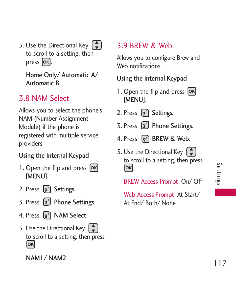 8 nam select, 9 brew & web | LG ELLIPSE 9250  ES User Manual | Page 119 / 351