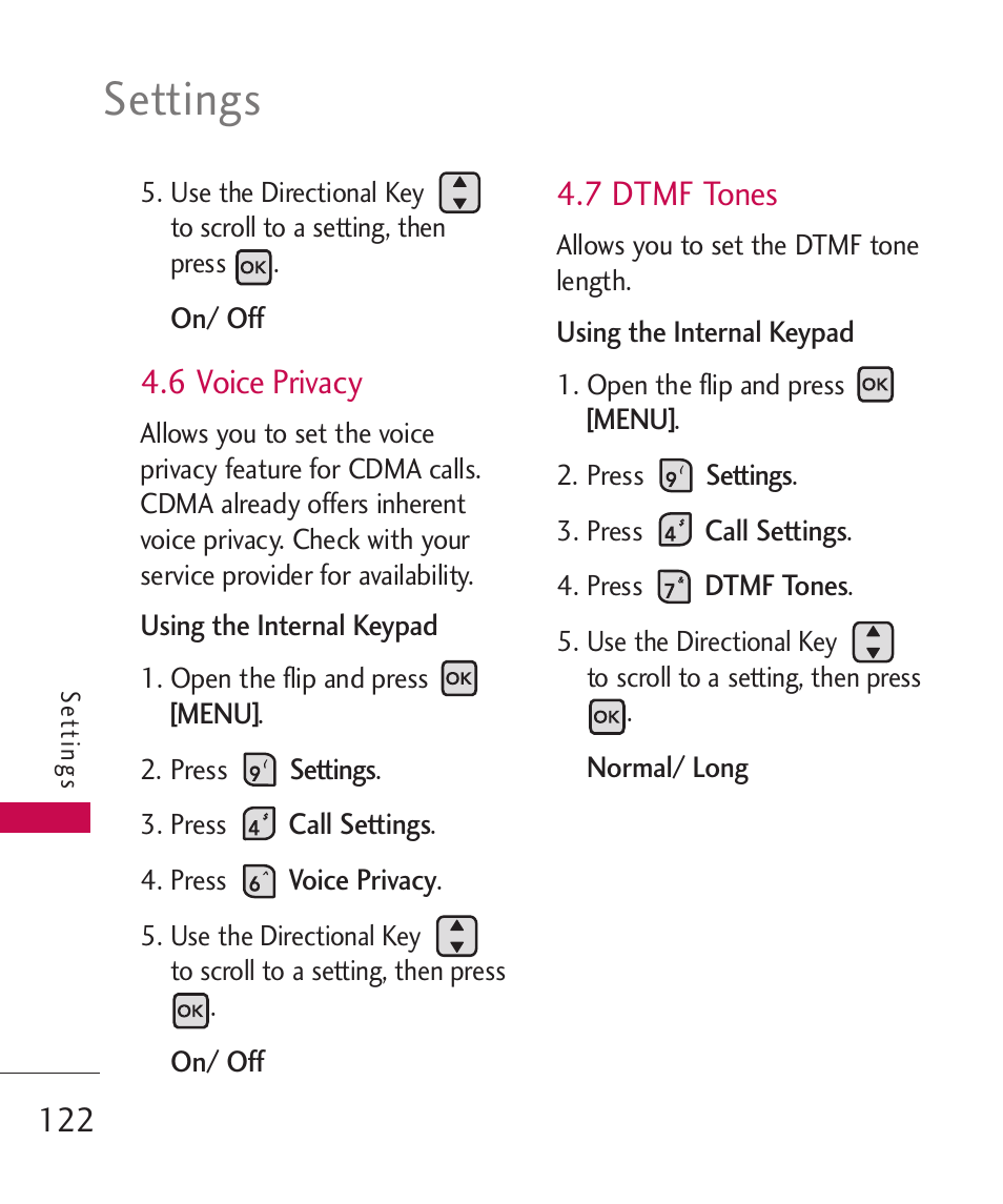 Settings, 6 voice privacy, 7 dtmf tones | LG ELLIPSE 9250  ES User Manual | Page 124 / 351