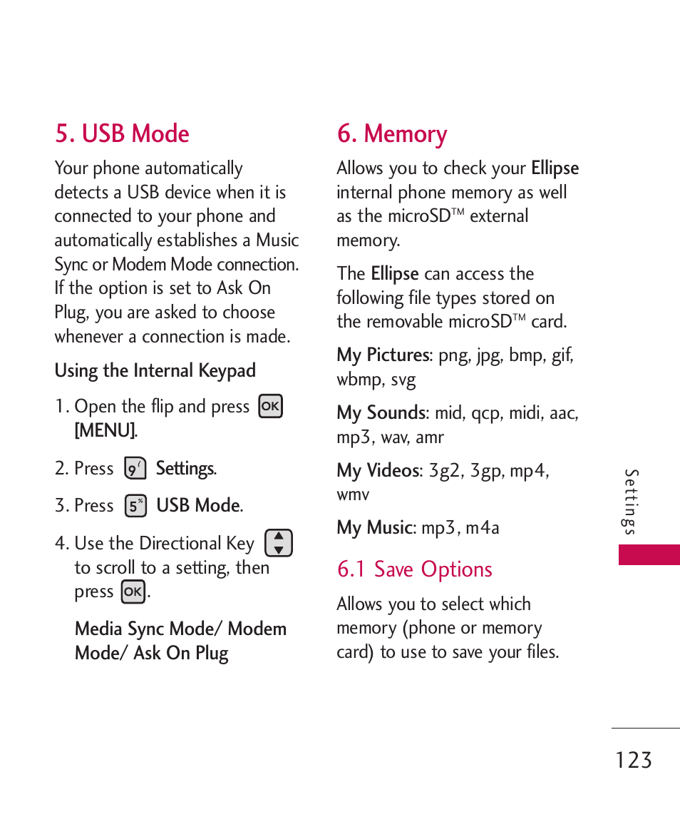 Usb mode, 1 save options | LG ELLIPSE 9250  ES User Manual | Page 125 / 351