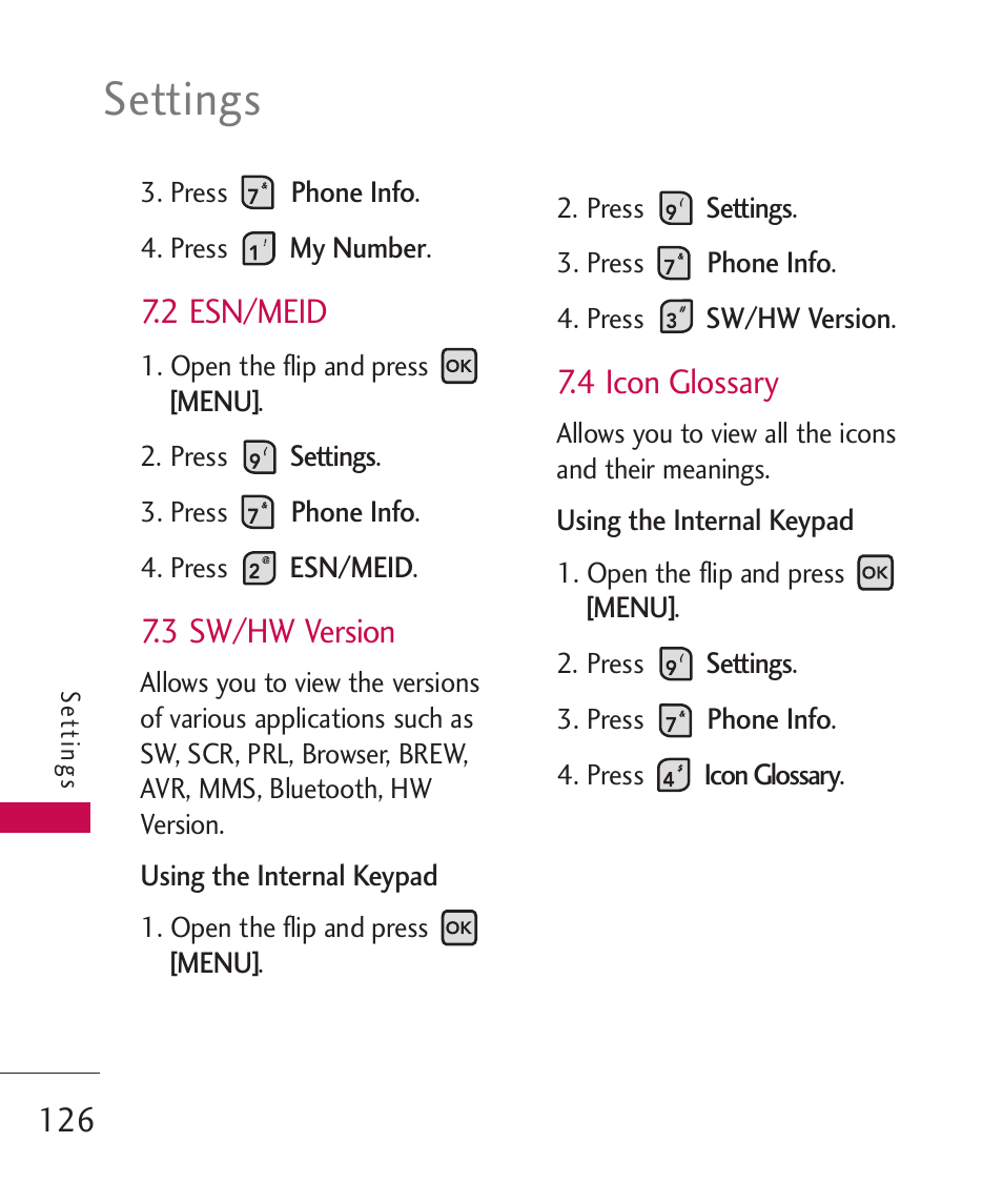 Settings, 2 esn/meid, 3 sw/hw version | 4 icon glossary | LG ELLIPSE 9250  ES User Manual | Page 128 / 351