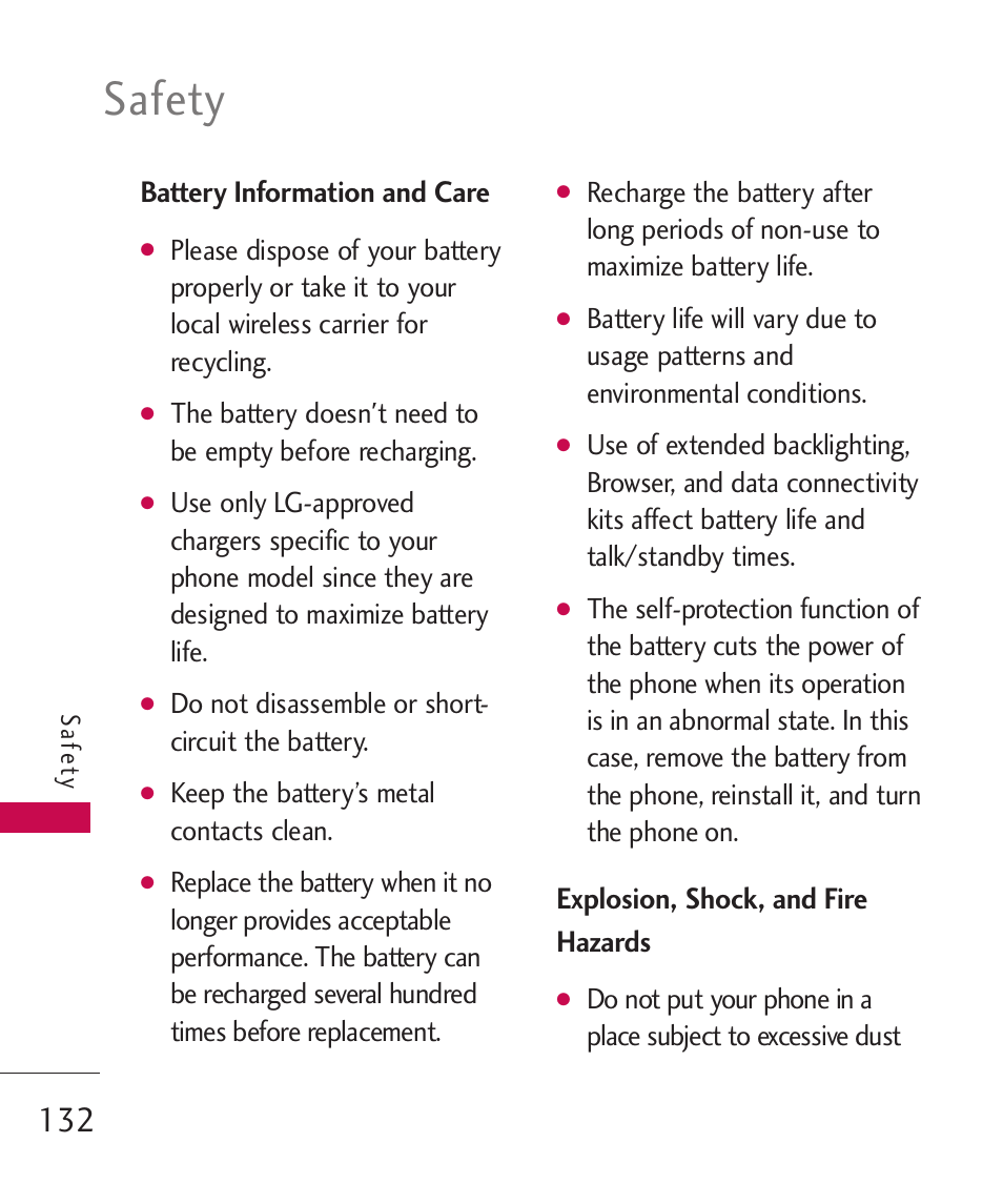 Safety, Battery information and care, Explosion, shock, and fire hazards | LG ELLIPSE 9250  ES User Manual | Page 134 / 351