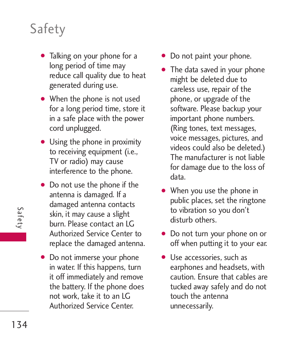 Safety | LG ELLIPSE 9250  ES User Manual | Page 136 / 351