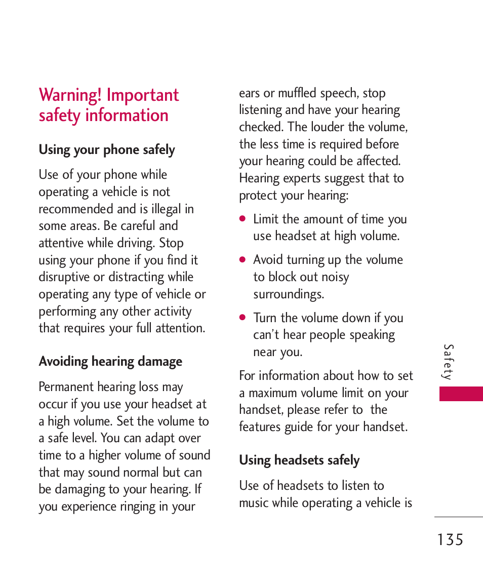 Warning! important safety information | LG ELLIPSE 9250  ES User Manual | Page 137 / 351