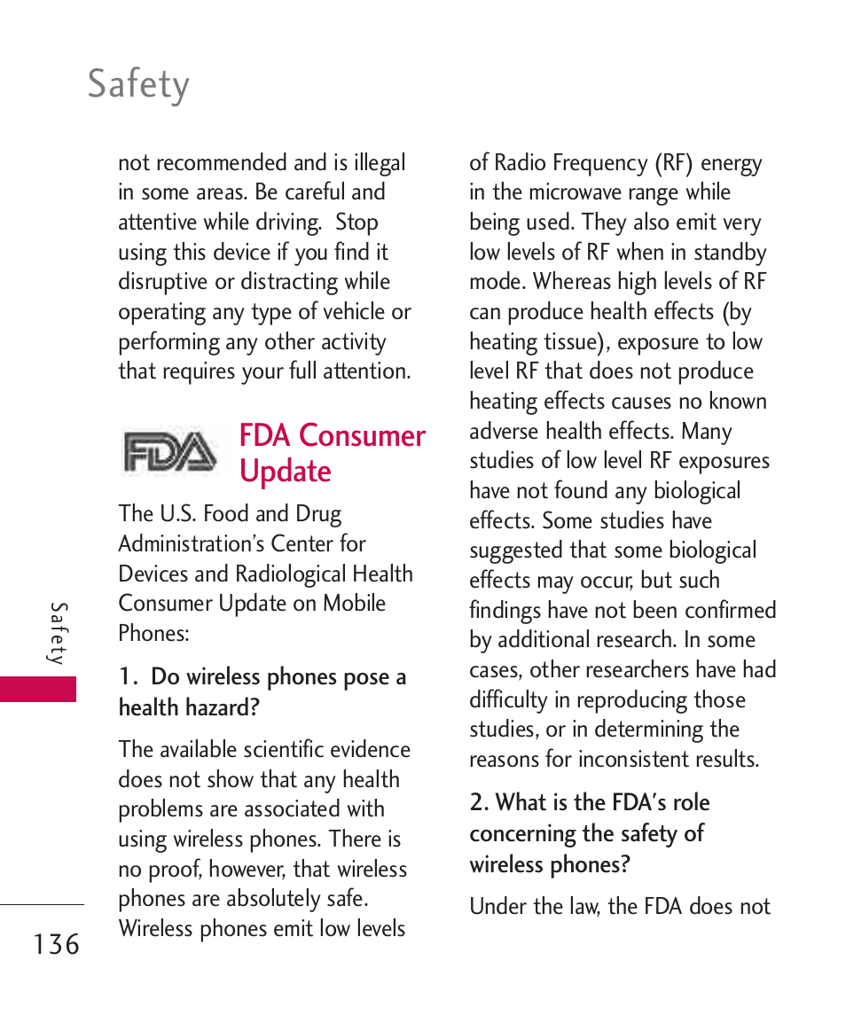 Safety, Fda consumer update | LG ELLIPSE 9250  ES User Manual | Page 138 / 351