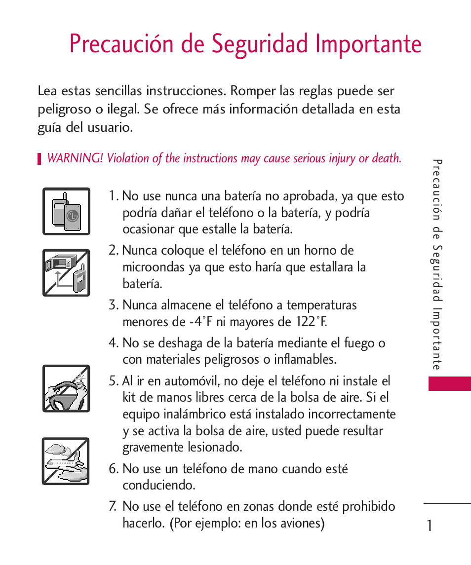 Precaución de seguridad importante | LG ELLIPSE 9250  ES User Manual | Page 169 / 351