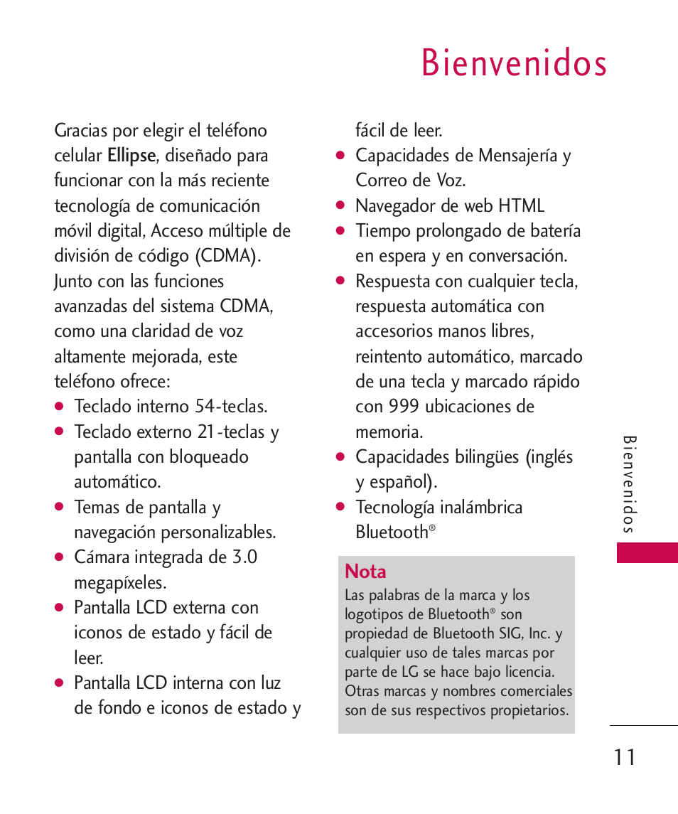 Bienvenidos, Nota, Ellipse | LG ELLIPSE 9250  ES User Manual | Page 179 / 351