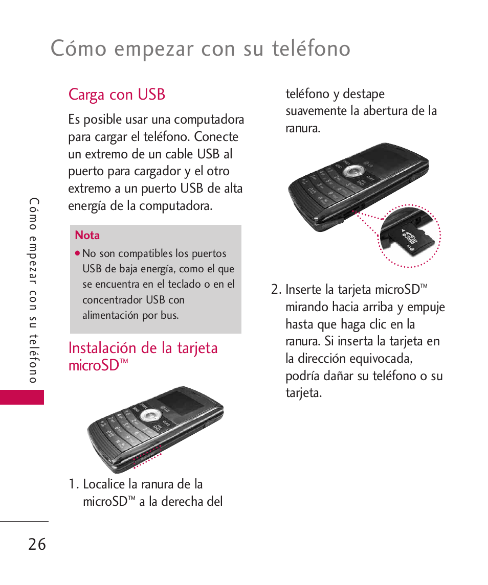 Cómo empezar con su teléfono, Carga con usb, Instalación de la tarjeta microsd | LG ELLIPSE 9250  ES User Manual | Page 194 / 351