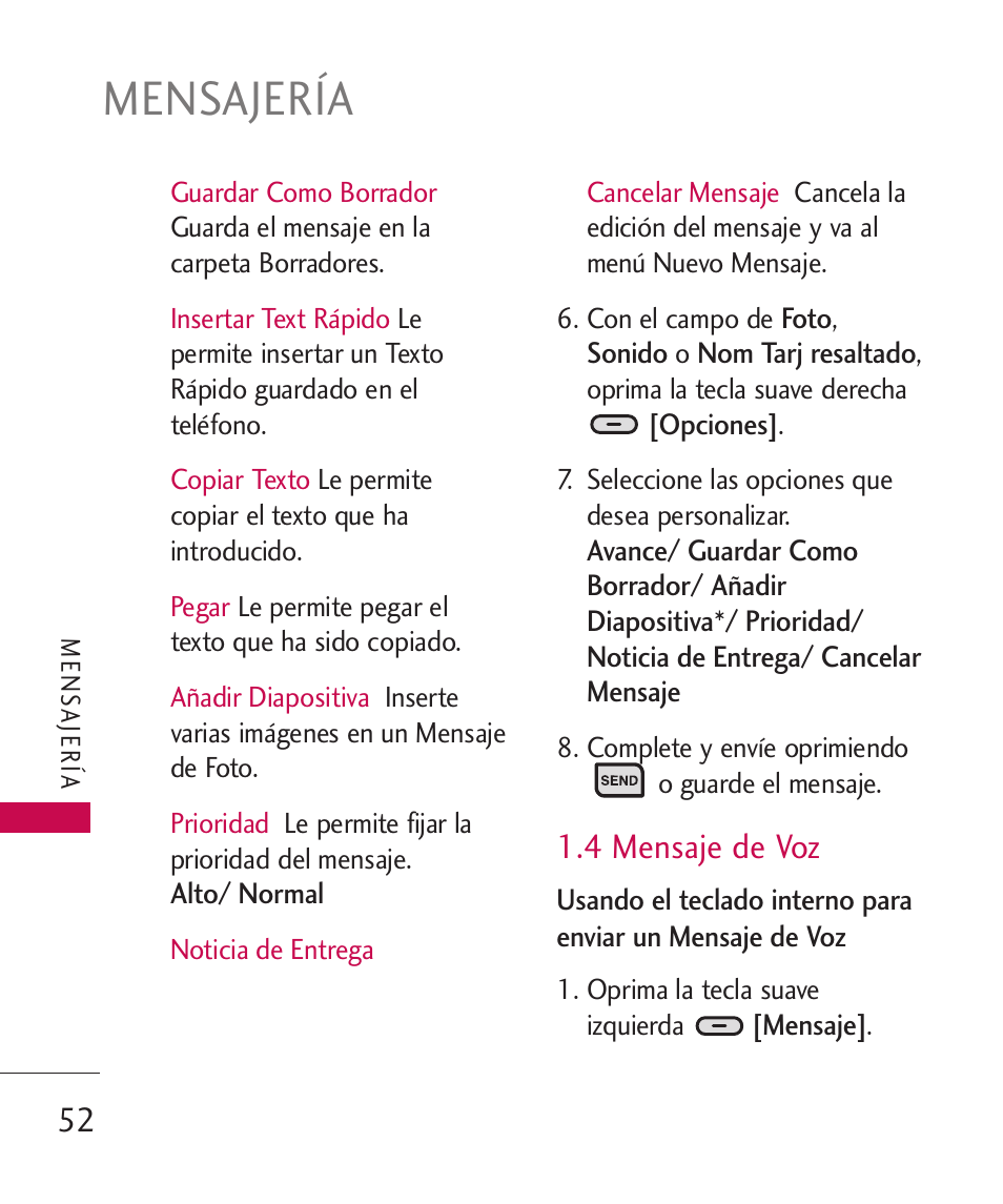 Mensajería, 4 mensaje de voz | LG ELLIPSE 9250  ES User Manual | Page 220 / 351