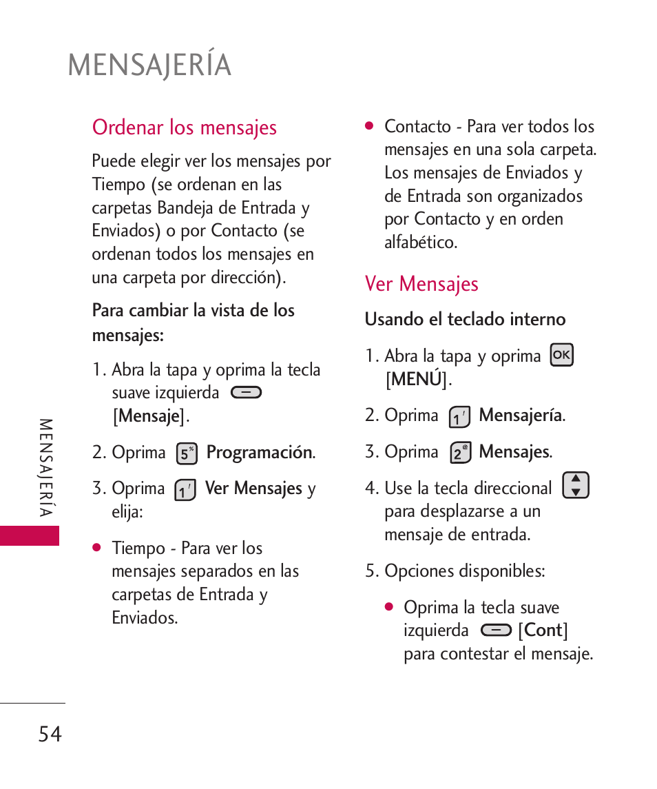 Mensajería, Ordenar los mensajes, Ver mensajes | LG ELLIPSE 9250  ES User Manual | Page 222 / 351