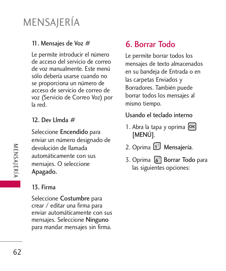 Mensajería, Borrar todo | LG ELLIPSE 9250  ES User Manual | Page 230 / 351