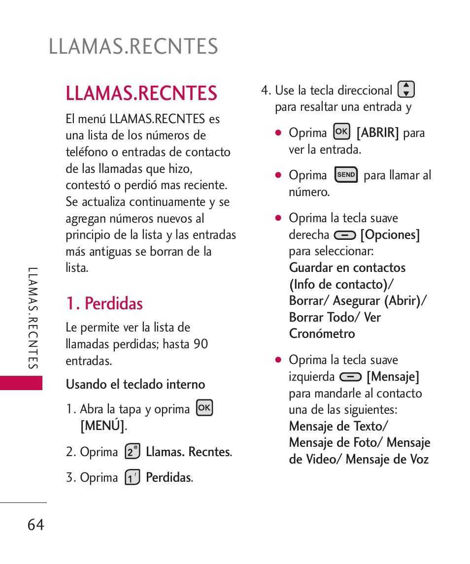 Llamas.recntes, Perdidas | LG ELLIPSE 9250  ES User Manual | Page 232 / 351