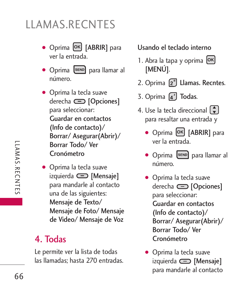 Llamas.recntes, Todas | LG ELLIPSE 9250  ES User Manual | Page 234 / 351