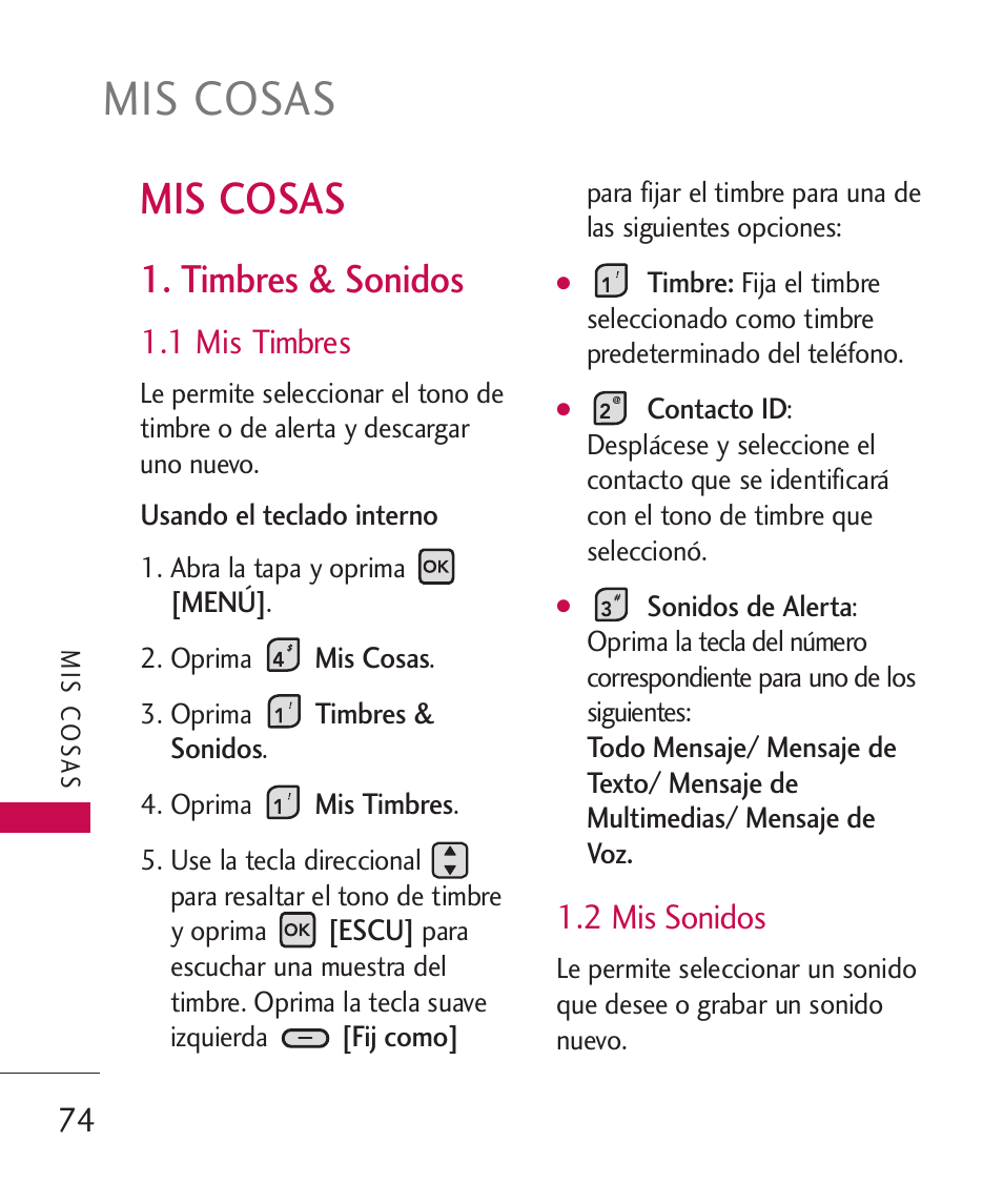 Mis cosas, Timbres & sonidos, 1 mis timbres | 2 mis sonidos | LG ELLIPSE 9250  ES User Manual | Page 242 / 351