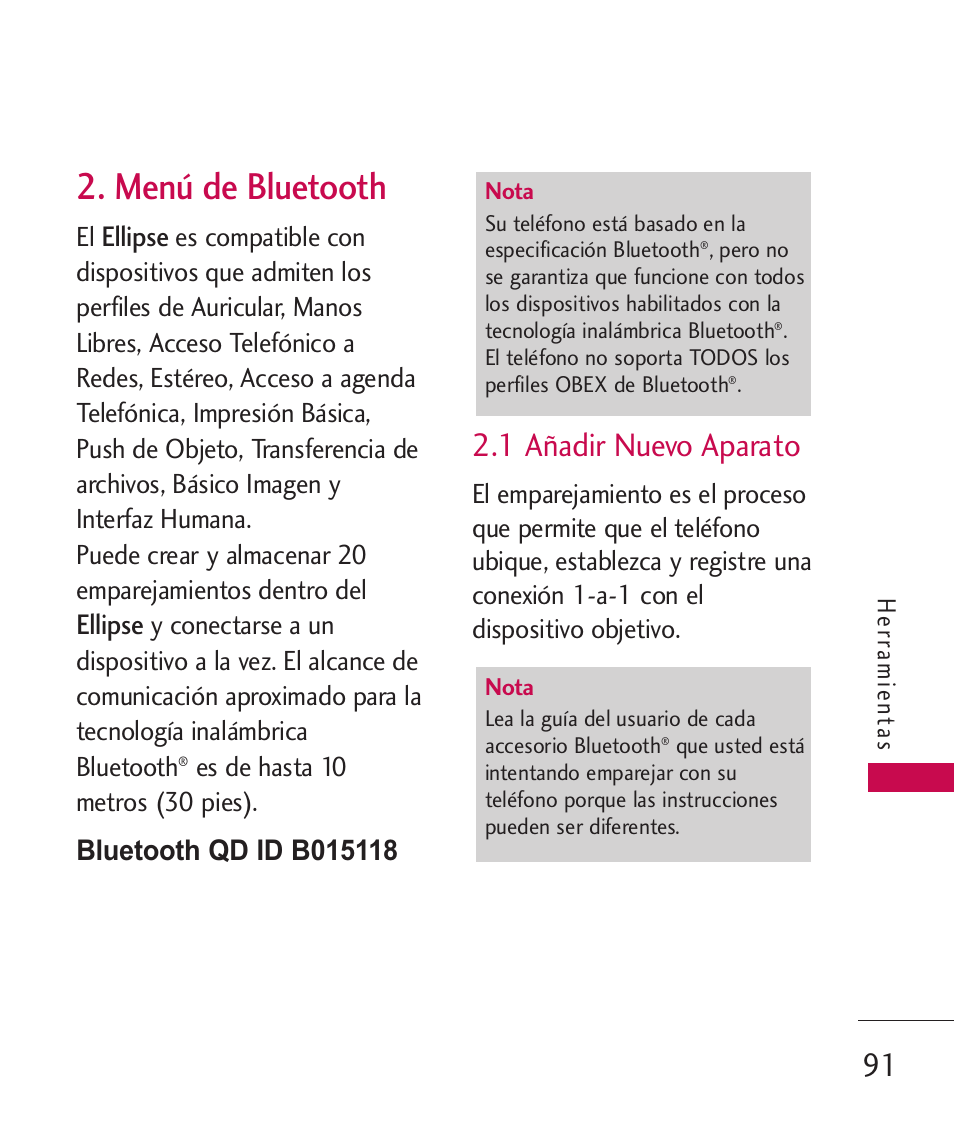Menú de bluetooth, 1 añadir nuevo aparato, Ellipse | LG ELLIPSE 9250  ES User Manual | Page 259 / 351
