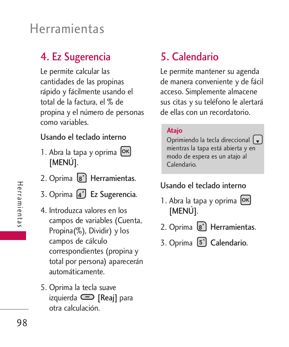 Herramientas, Ez sugerencia, Calendario | LG ELLIPSE 9250  ES User Manual | Page 266 / 351