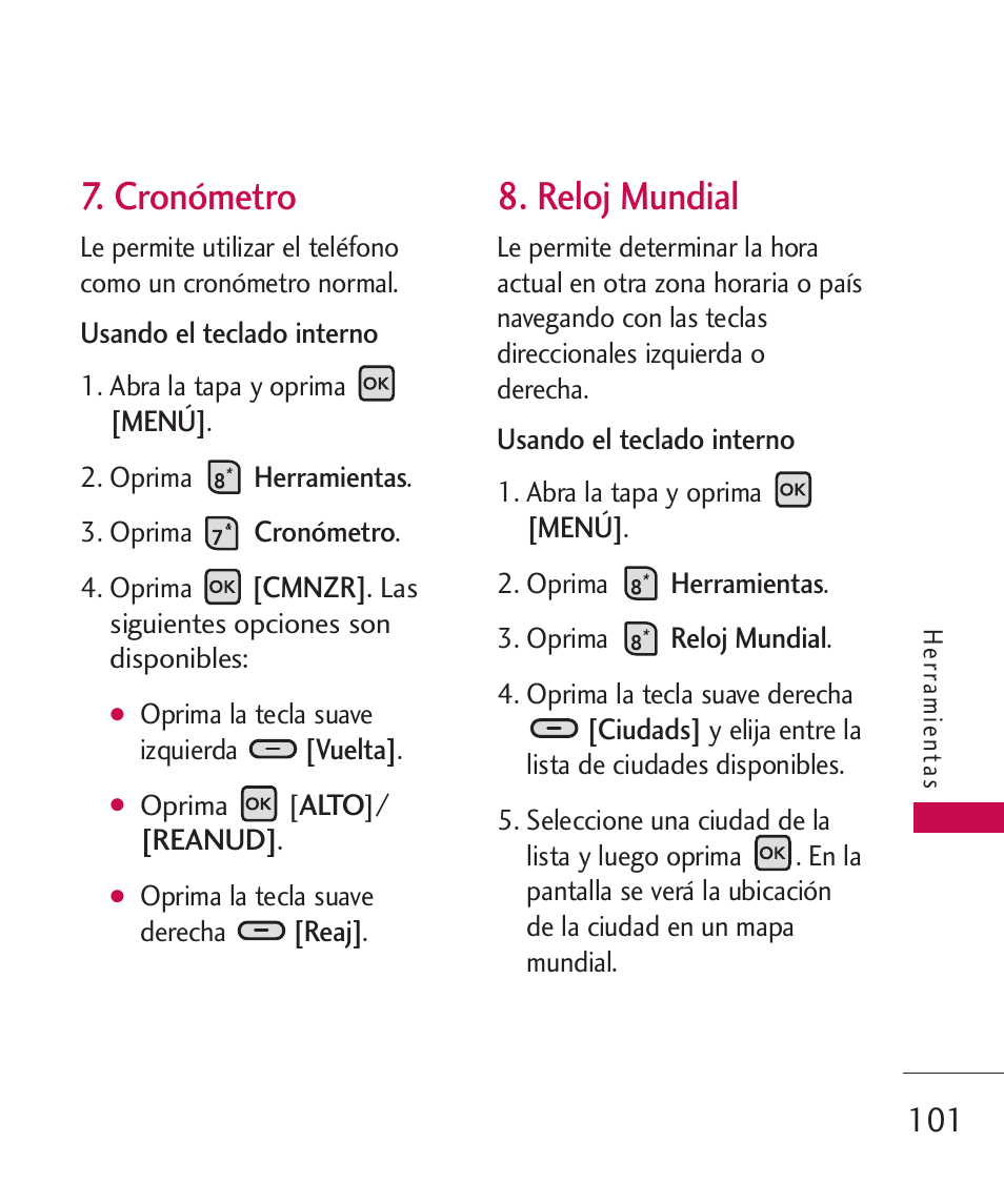 Cronómetro, Reloj mundial | LG ELLIPSE 9250  ES User Manual | Page 269 / 351